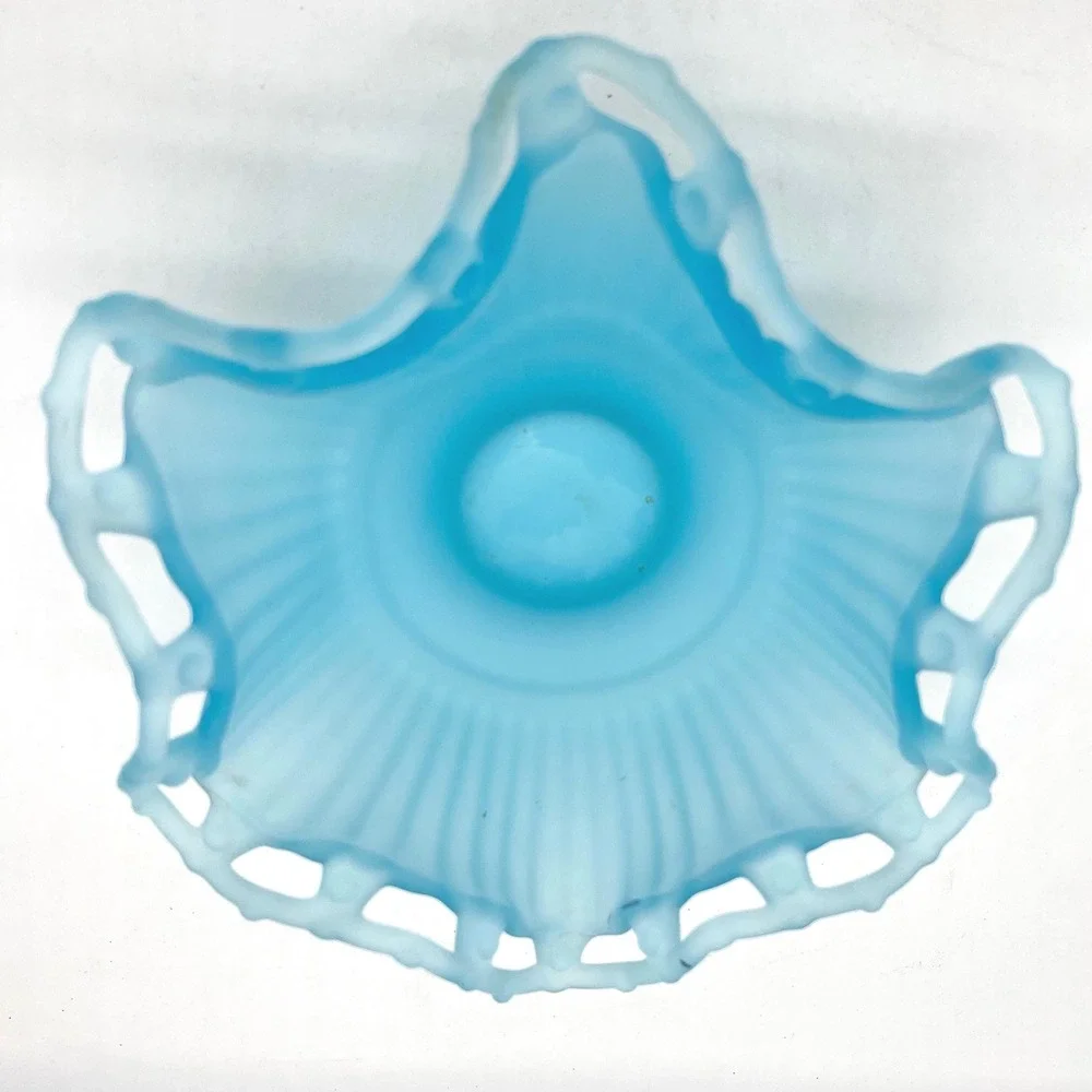 Vintage Westmoreland Frosted‎ Blue Glass Candy Dish Ruffled Edge Pedestal Bowl